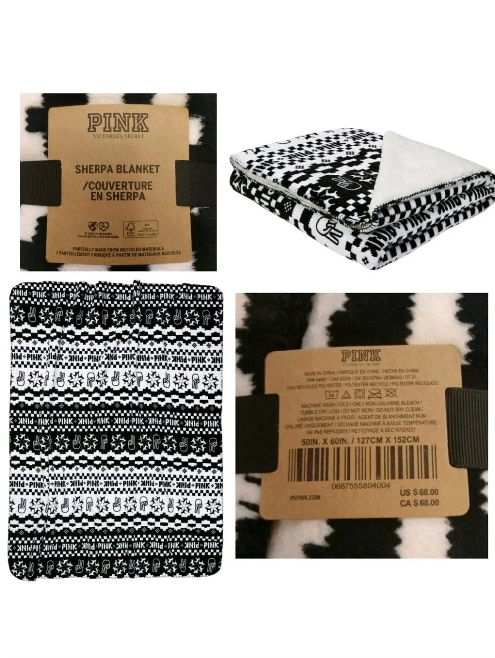 NWT Victoria's Secret VS PINK Sherpa Blanket Black White Peace Sign Throw 50x60